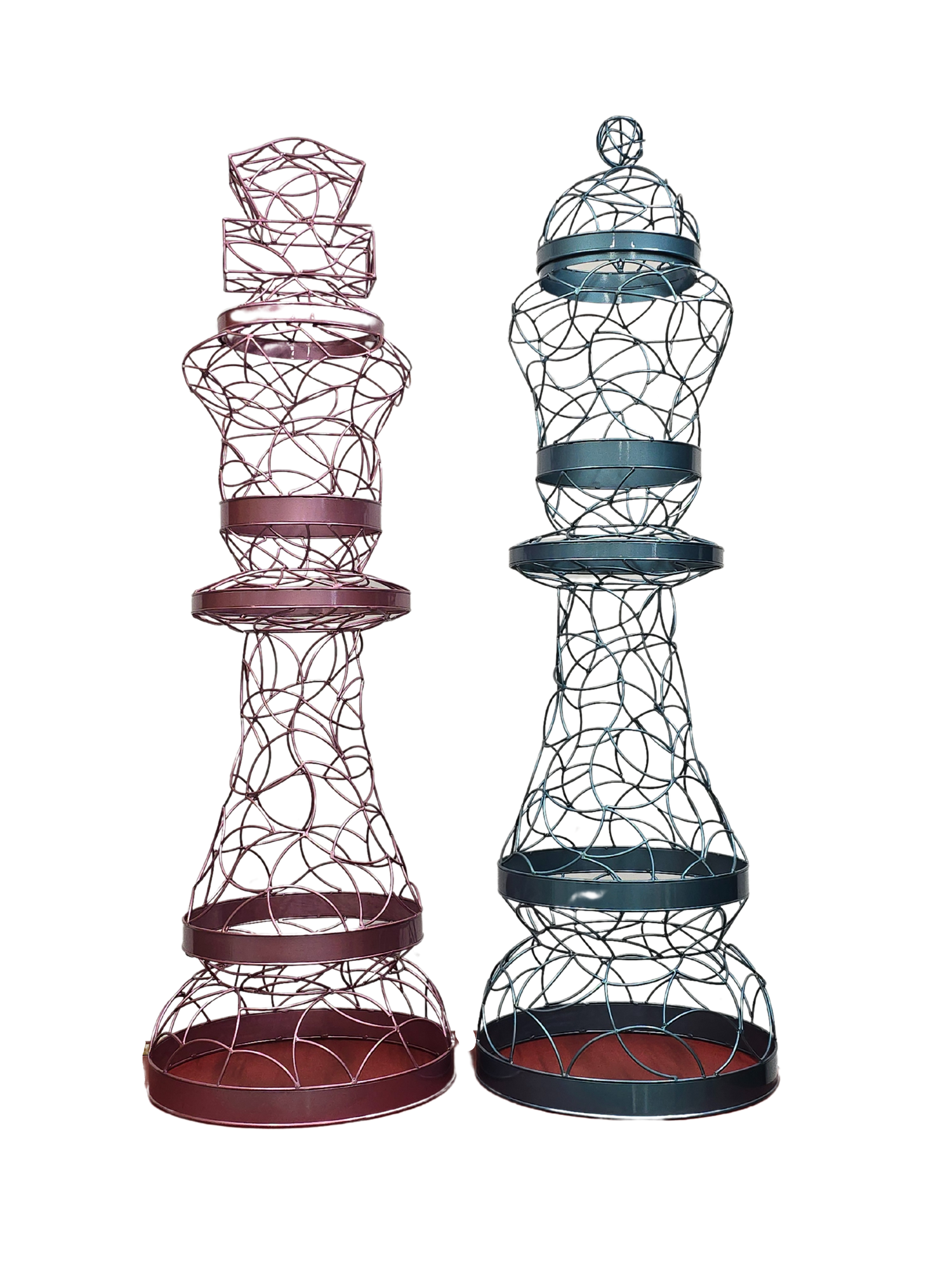 Two large Alganic-style chess sculptures – King and Queen – handcrafted from aluminum in violet and blue tones, front view.