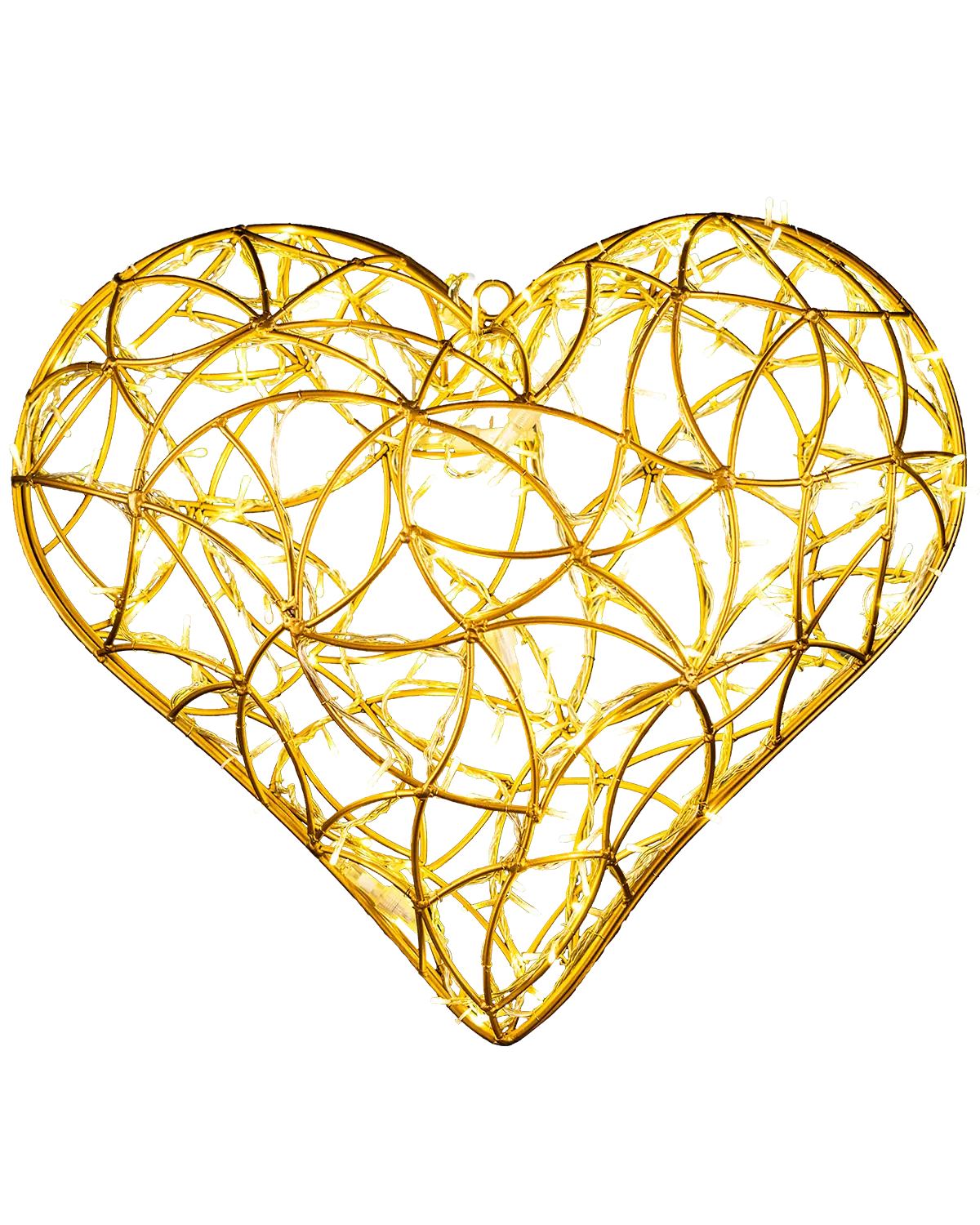 Goldenes, herzförmiges 3D-Drahtobjekt, dicht umwickelt mit warmweißen LED-Lichterketten, vor transparentem Hintergrund – ideal für Dekoration oder visuelle Inszenierung.