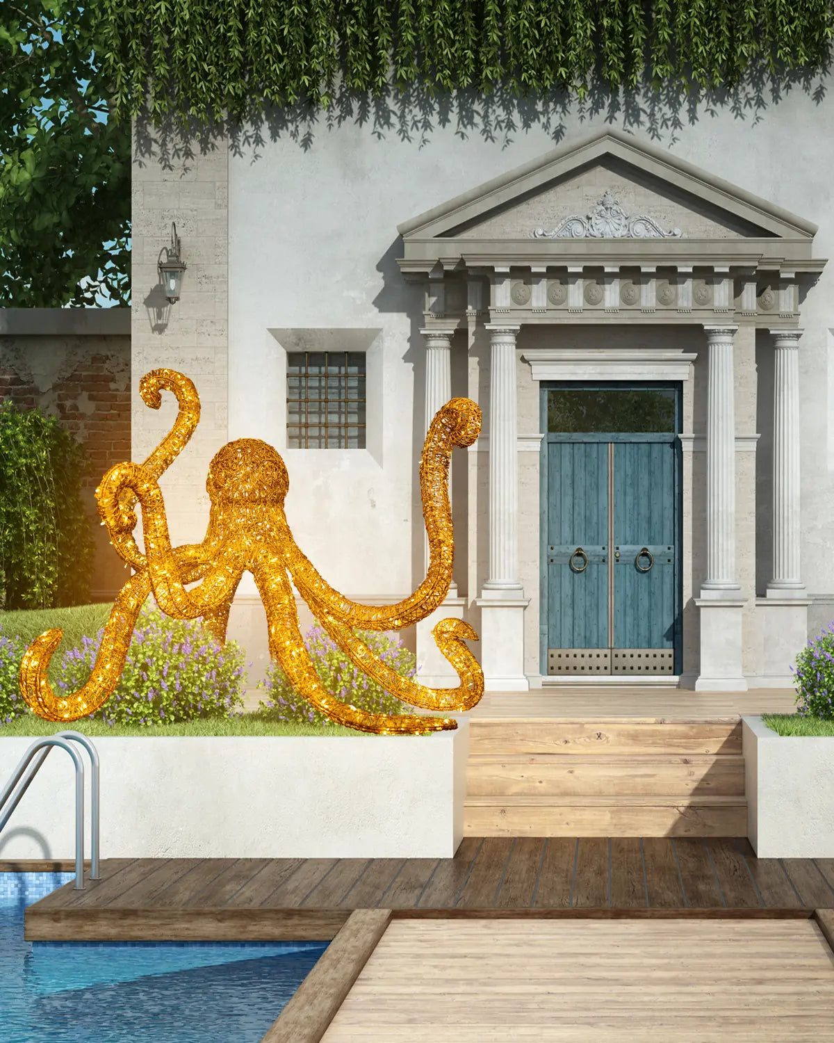 Goldene Oktopus-Lichtskulptur im mediterranen Garten vor klassischer Villa – inszeniert zwischen Pool, Blumenbeeten und historischer Fassade.