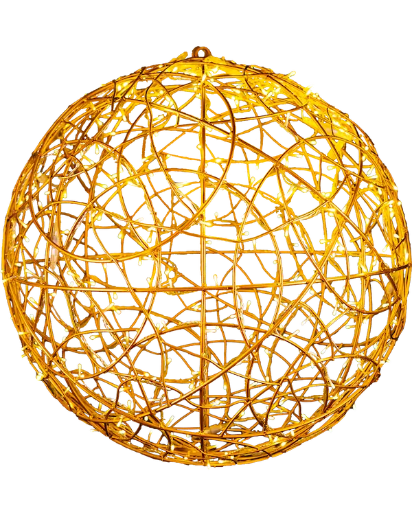 Freigestellte goldene Alganic-Lichtkugel aus Aluminiumdraht – skulpturales Dekoobjekt mit LED für Innen- und Außenbereiche.