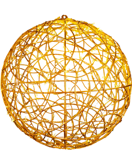 Freigestellte goldene Alganic-Lichtkugel aus Aluminiumdraht – skulpturales Dekoobjekt mit LED für Innen- und Außenbereiche.