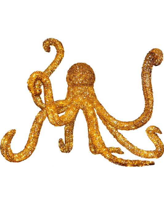 Große Lichtskulptur in Form eines Oktopus – geschwungene Tentakel aus goldfarbener Drahtstruktur mit leuchtenden Akzenten.