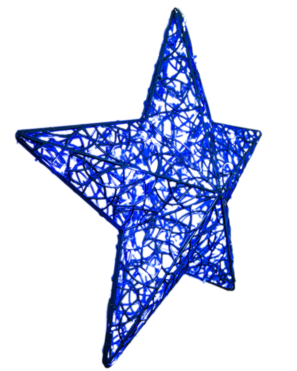 Leuchtende blaue Sternskulptur aus dekorativem Drahtgeflecht mit Lichterketten vor transparentem Hintergrund.