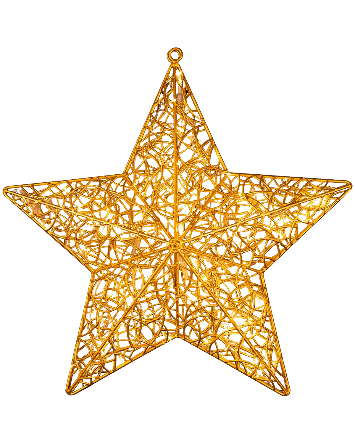 Goldgelbe fünfzackige Sternfigur aus Draht mit Lichterketten, freigestellt auf transparentem Hintergrund.