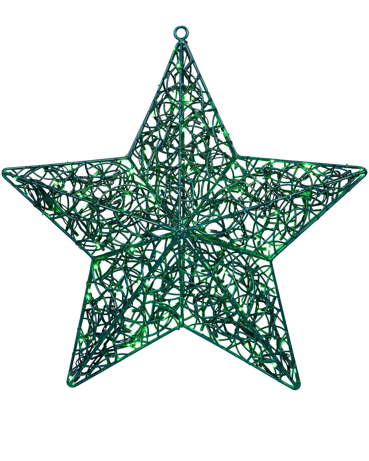 Grüner Stern aus Draht mit eingearbeiteten LED-Lichtern, freigestellt auf transparentem Hintergrund – als Dekorationselement.