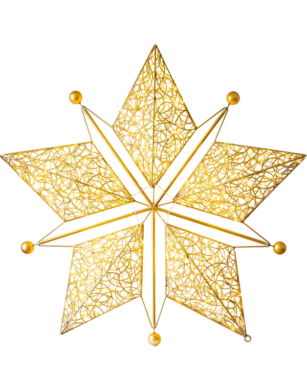 Goldgelbe fünfzackige Sternfigur aus Draht mit Lichterketten, freigestellt auf transparentem Hintergrund.