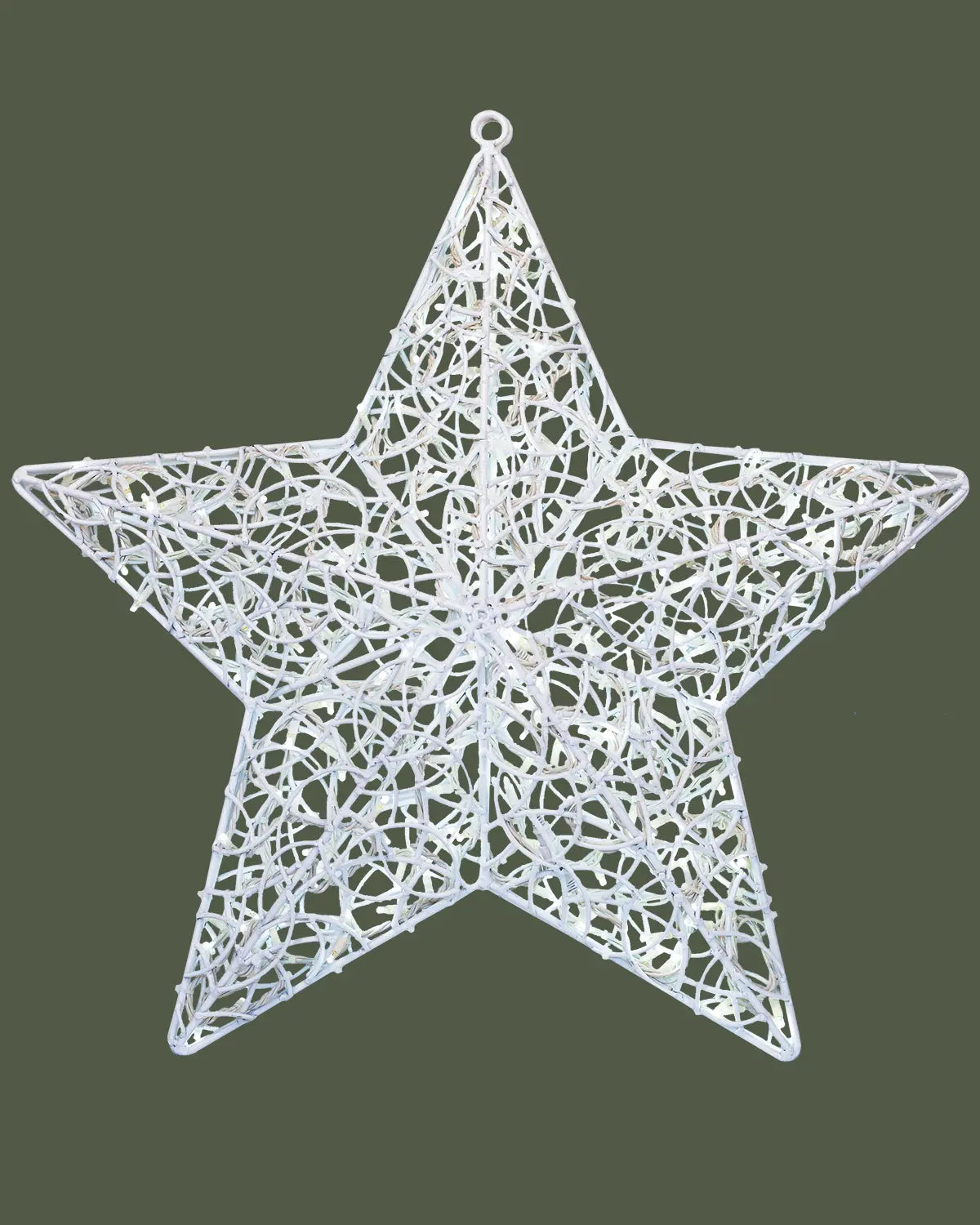 Weiße, sternförmige 3D-Leuchtdekoration aus einem filigranen Netz aus Lichtschläuchen, freigestellt vor einem neutralen Hintergrund.