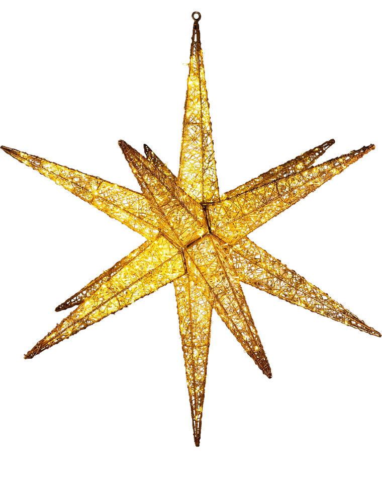 Zwölfzackiger goldener Leuchtstern von Alganic – freigestellt vor transparentem Hintergrund, ideal für Produktdarstellungen und kreative Anwendungen.